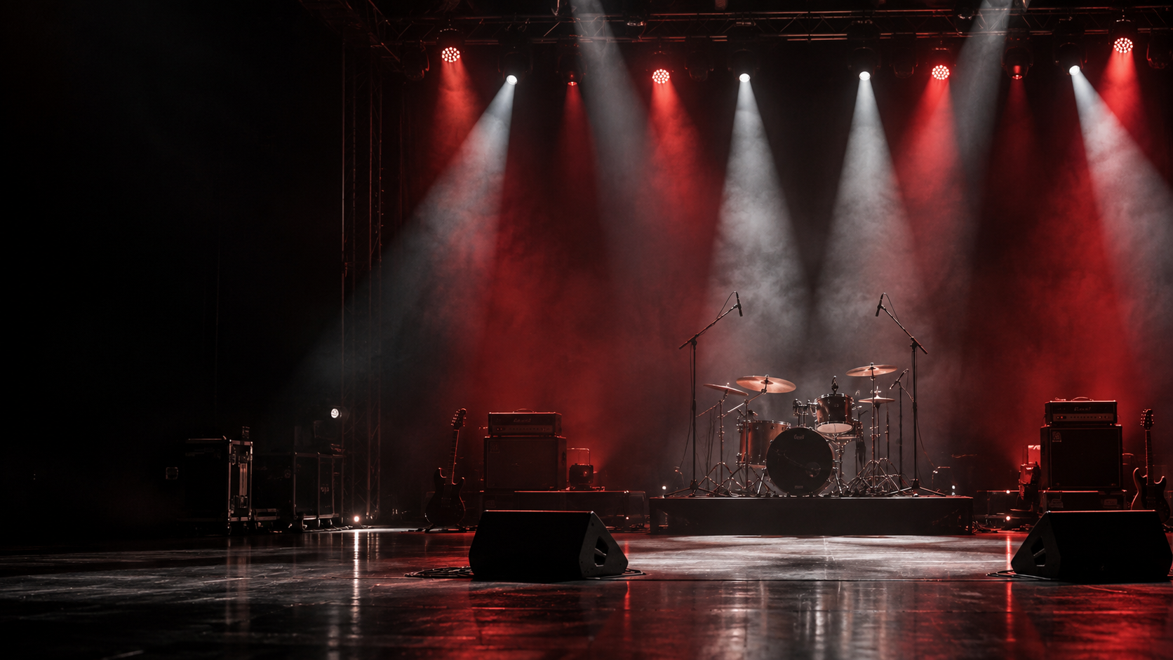 Empty concert stage with drum kit, amplifiers and red and white spotlights.